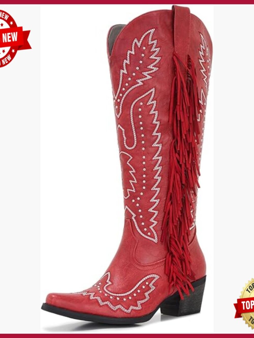 Vintage Western Cowboy Boots Fringe Studded Knee High Low Heel Square Toe Wide